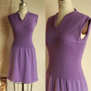 Vintage 1960s Dress, Purple Ribbed Waist Wool Knit Sweater Minidress, Sleeveless